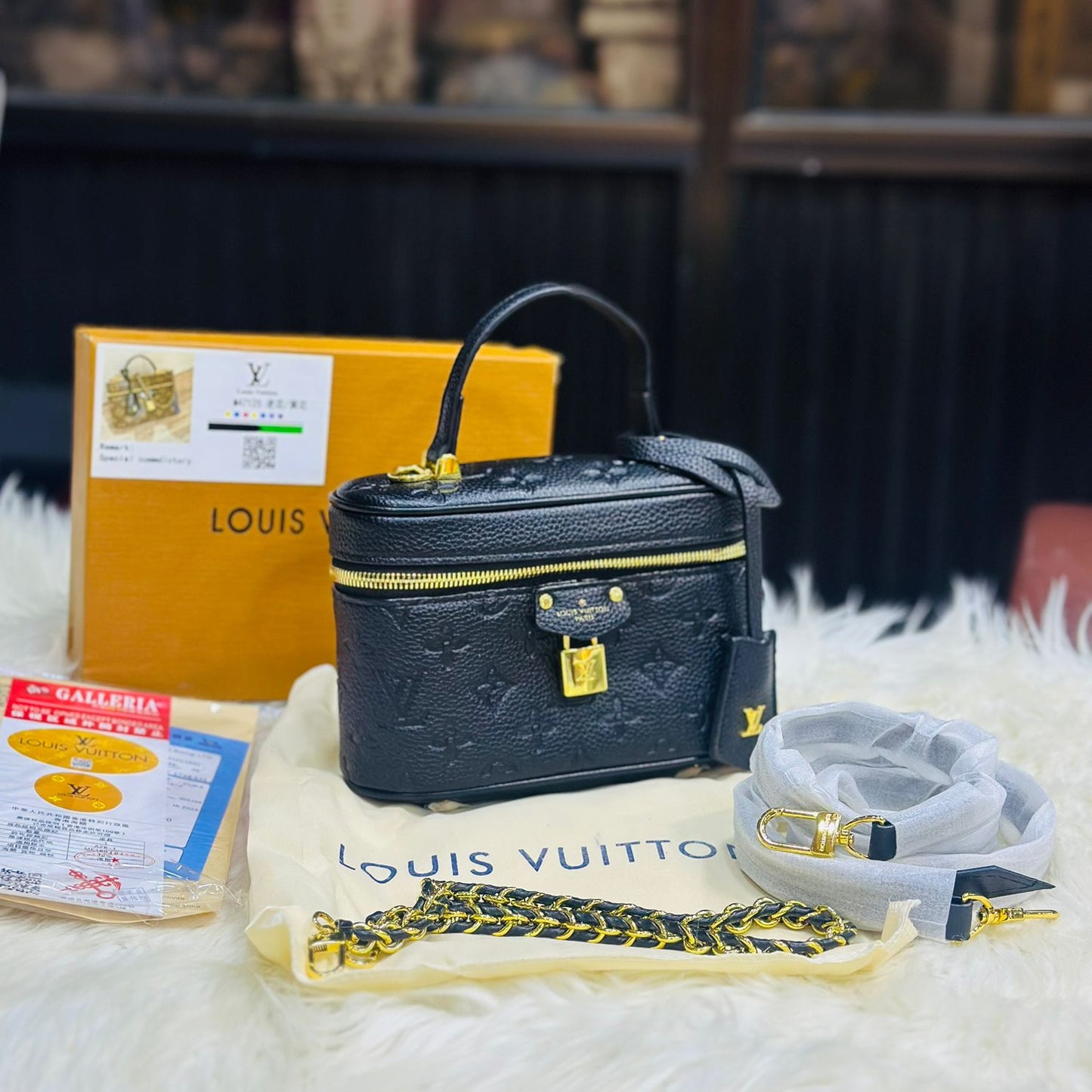 ZEVIRA'S L--V Vanity PM Monogram Reverse Canvas Handbag (Black)