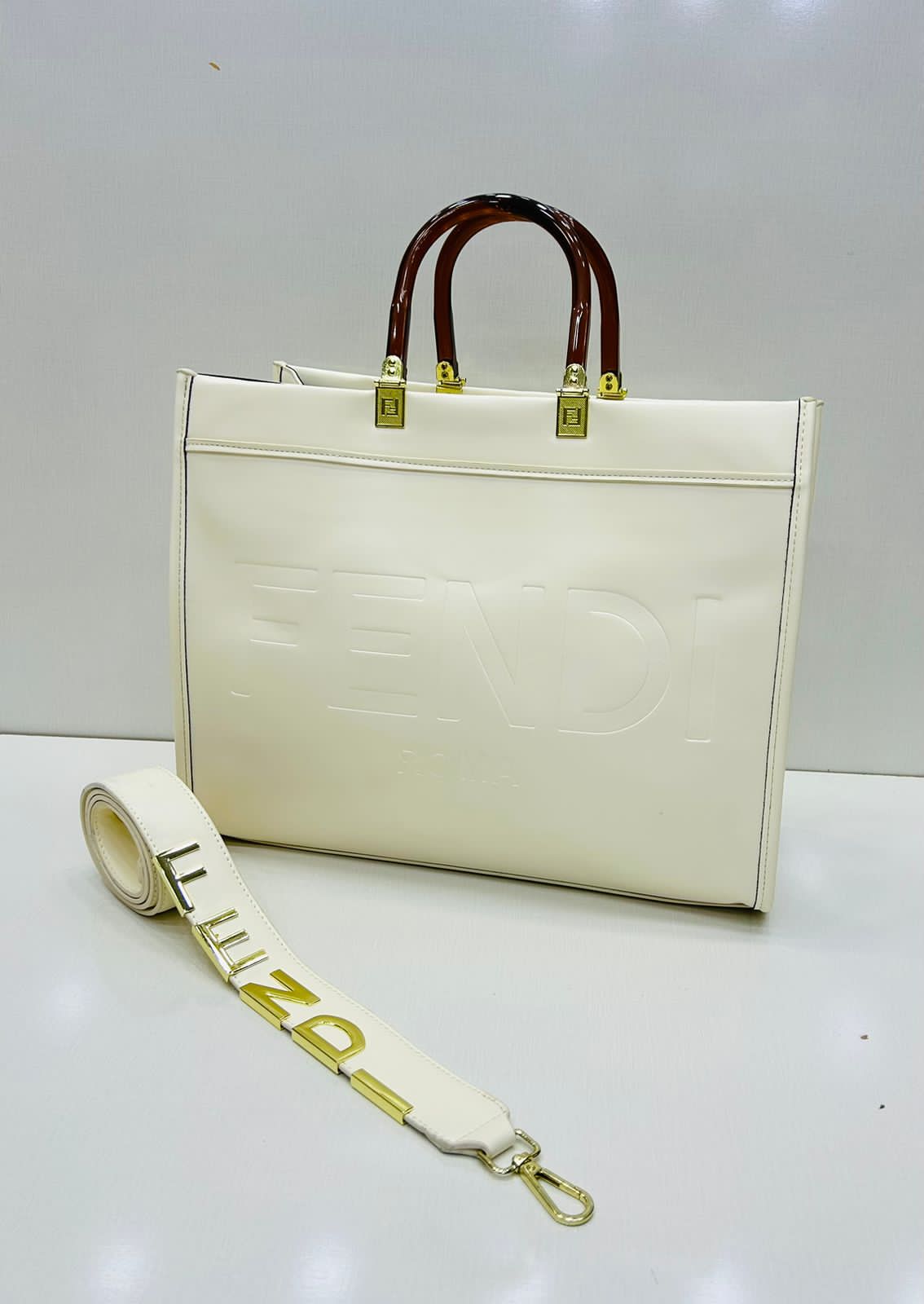 ZEVIRA'S F-E-N-D-I Premium Roma Large Tote (White)