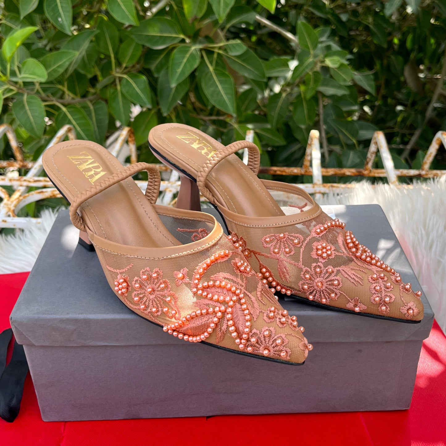 ZEVIRA'S Z-A-R-A Mesh Floral Embroidered Slingback Heels (Beige)