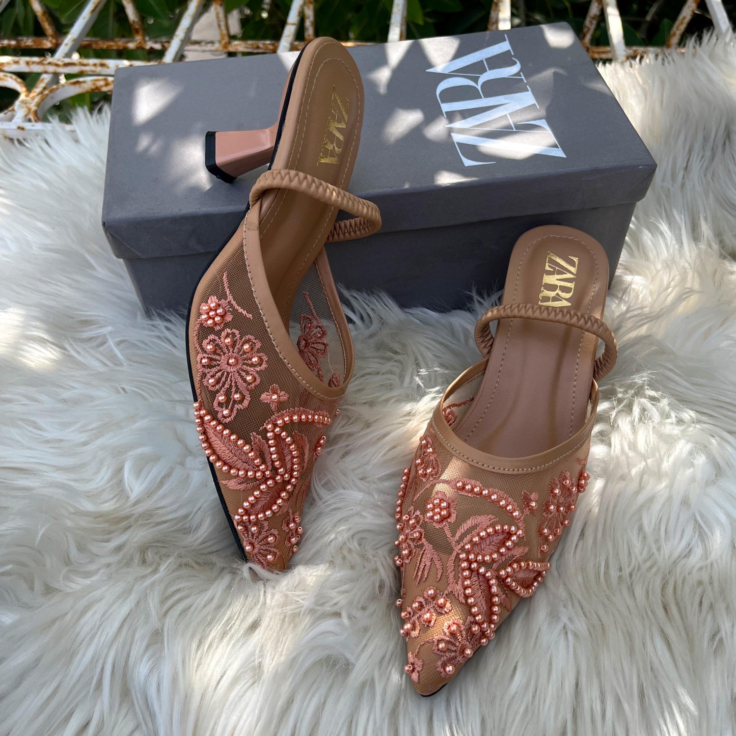 ZEVIRA'S Z-A-R-A Mesh Floral Embroidered Slingback Heels (Beige)