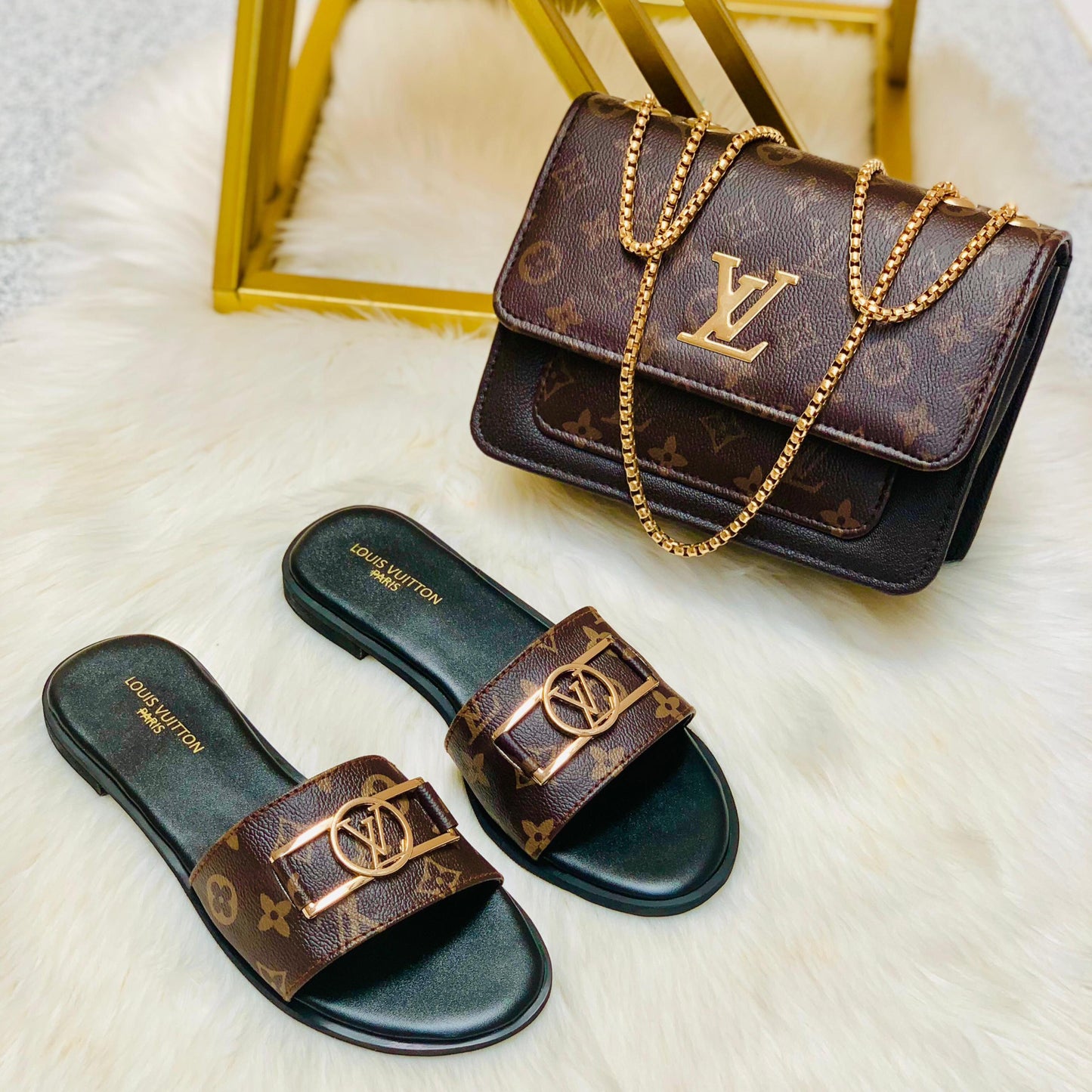 L--V Lock Slippers + Crossbody Bag (2 Colors)