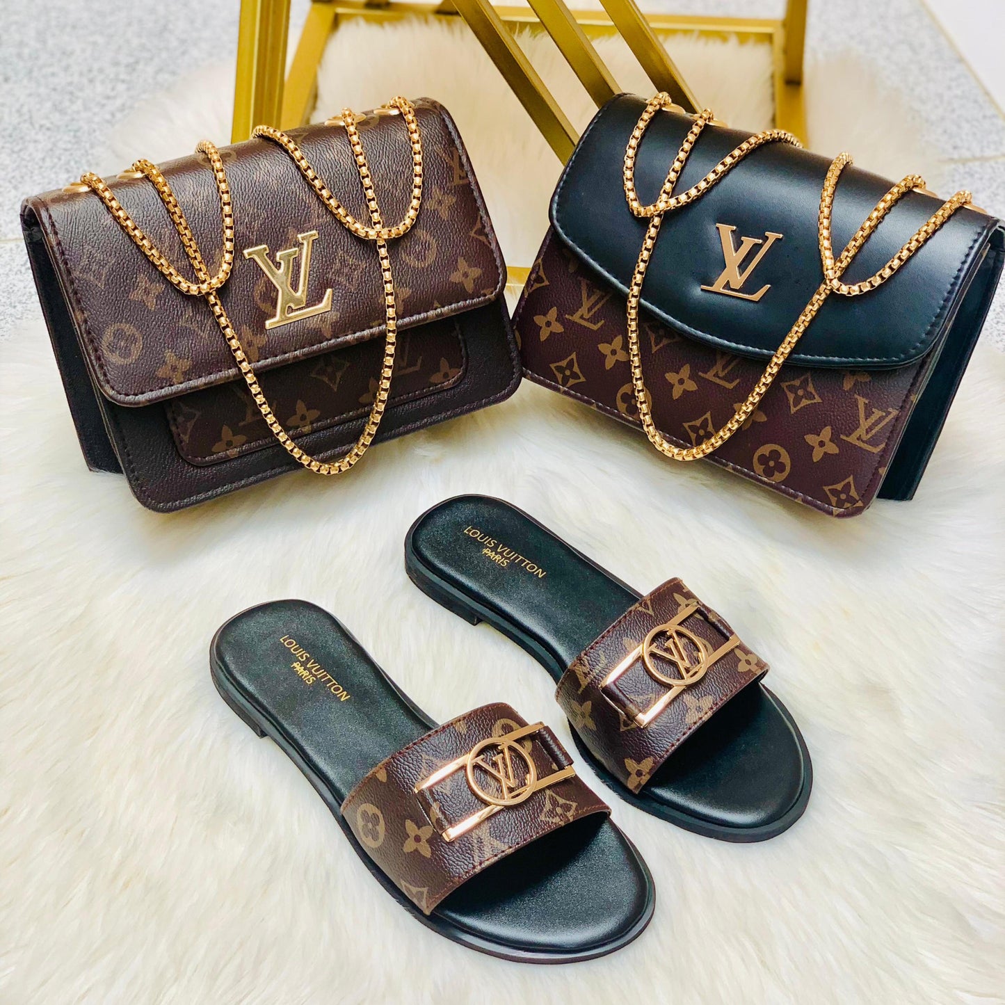 L--V Lock Slippers + Crossbody Bag (2 Colors)