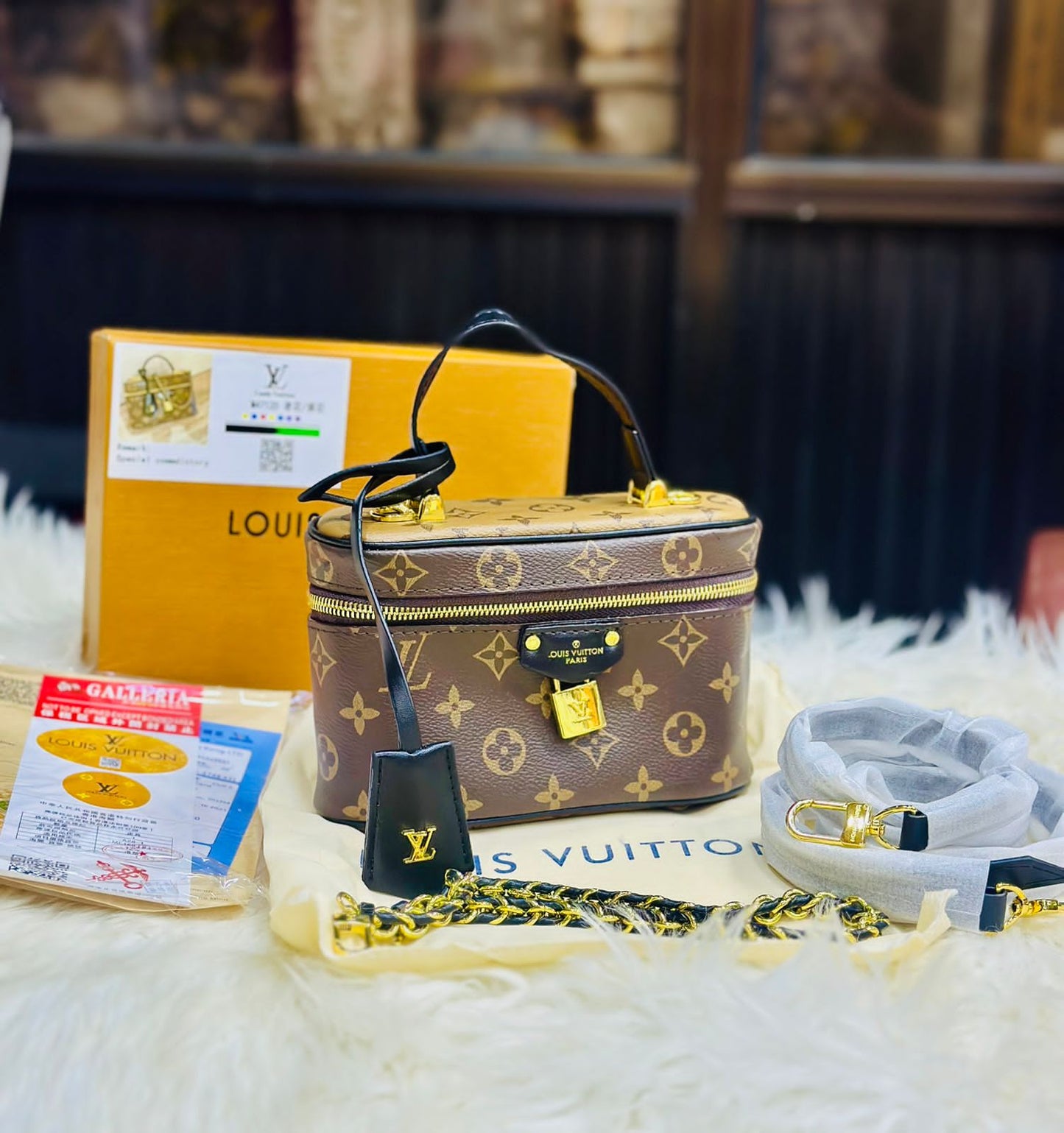 ZEVIRA'S L--V Vanity PM Monogram Reverse Canvas Handbag (Brown)