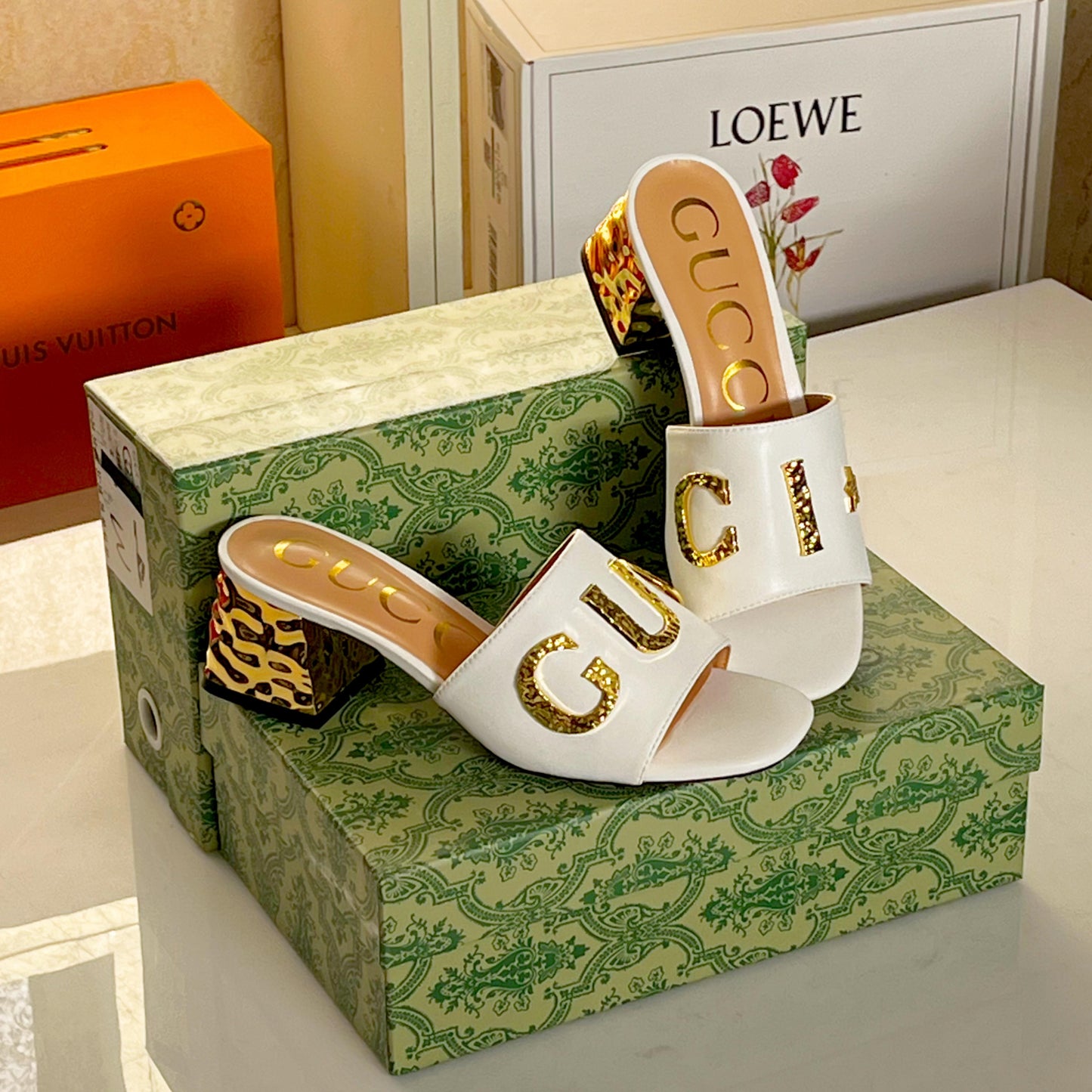 ZEVIRA'S G-U-C-C-I Imported Heeled Sandals with Signature Gold Detailing (White)