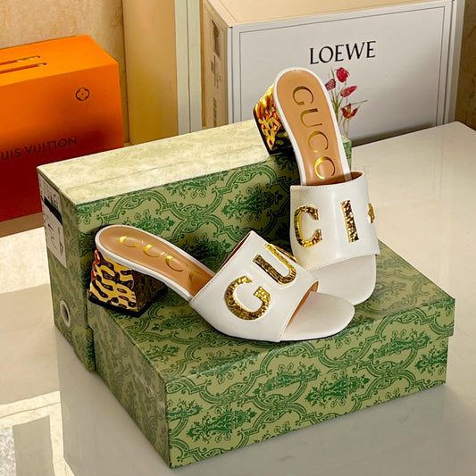 ZEVIRA'S G-U-C-C-I Imported Heeled Sandals with Signature Gold Detailing (White)