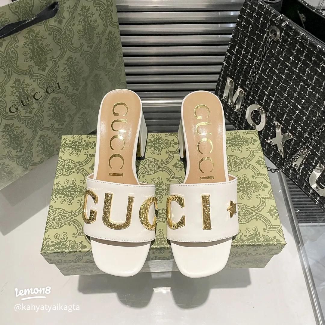 ZEVIRA'S G-U-C-C-I Imported Heeled Sandals with Signature Gold Detailing (White)