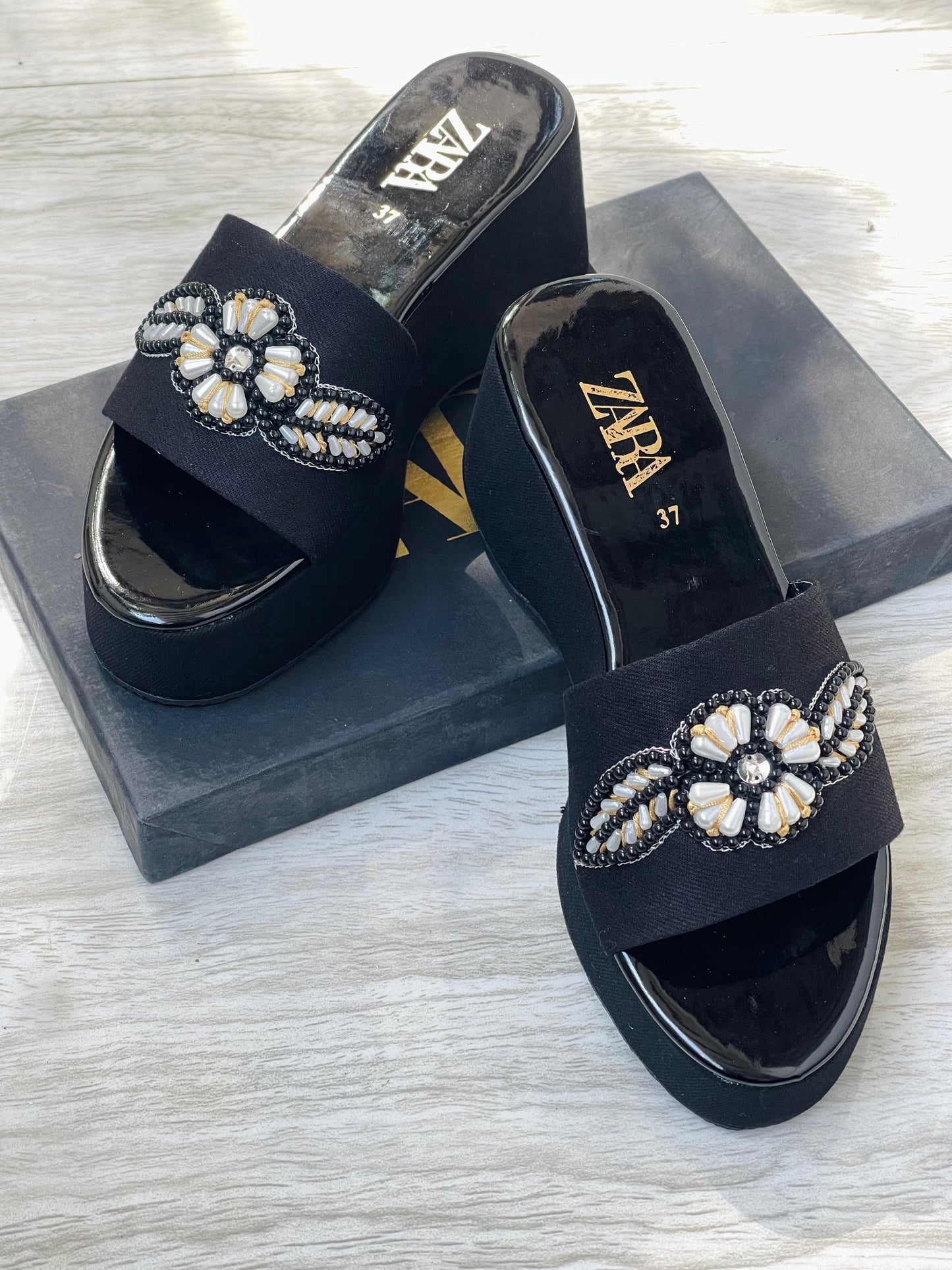 ZEVIRA'S Embroidered Women’s Wedges (Black)