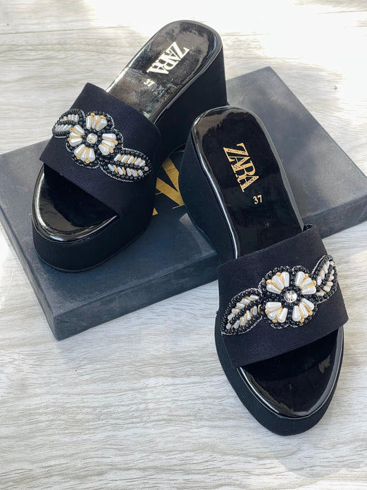 ZEVIRA'S Embroidered Women’s Wedges (Black)