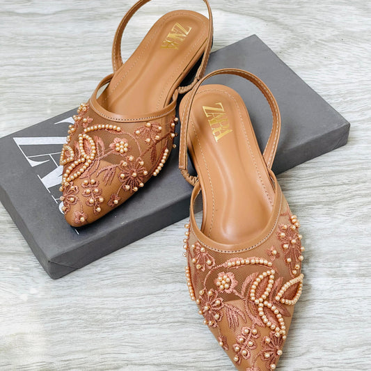 ZEVIRA'S Z-A-R-A Embroidered Flat Pumps (Mustard)