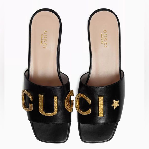 ZEVIRA'S G-U-C-C-I Imported Heeled Sandals with Signature Gold Detailing (Black)