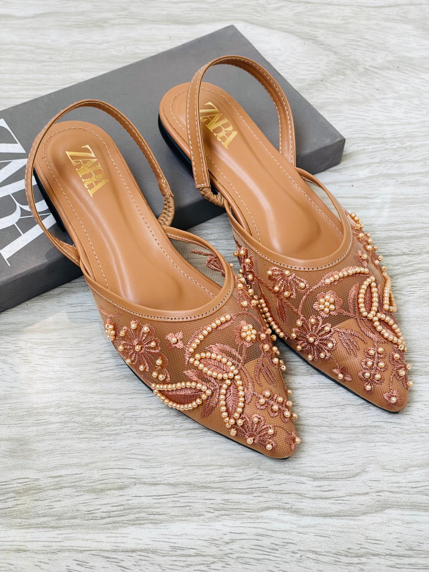 ZEVIRA'S Z-A-R-A Embroidered Flat Pumps (Mustard)