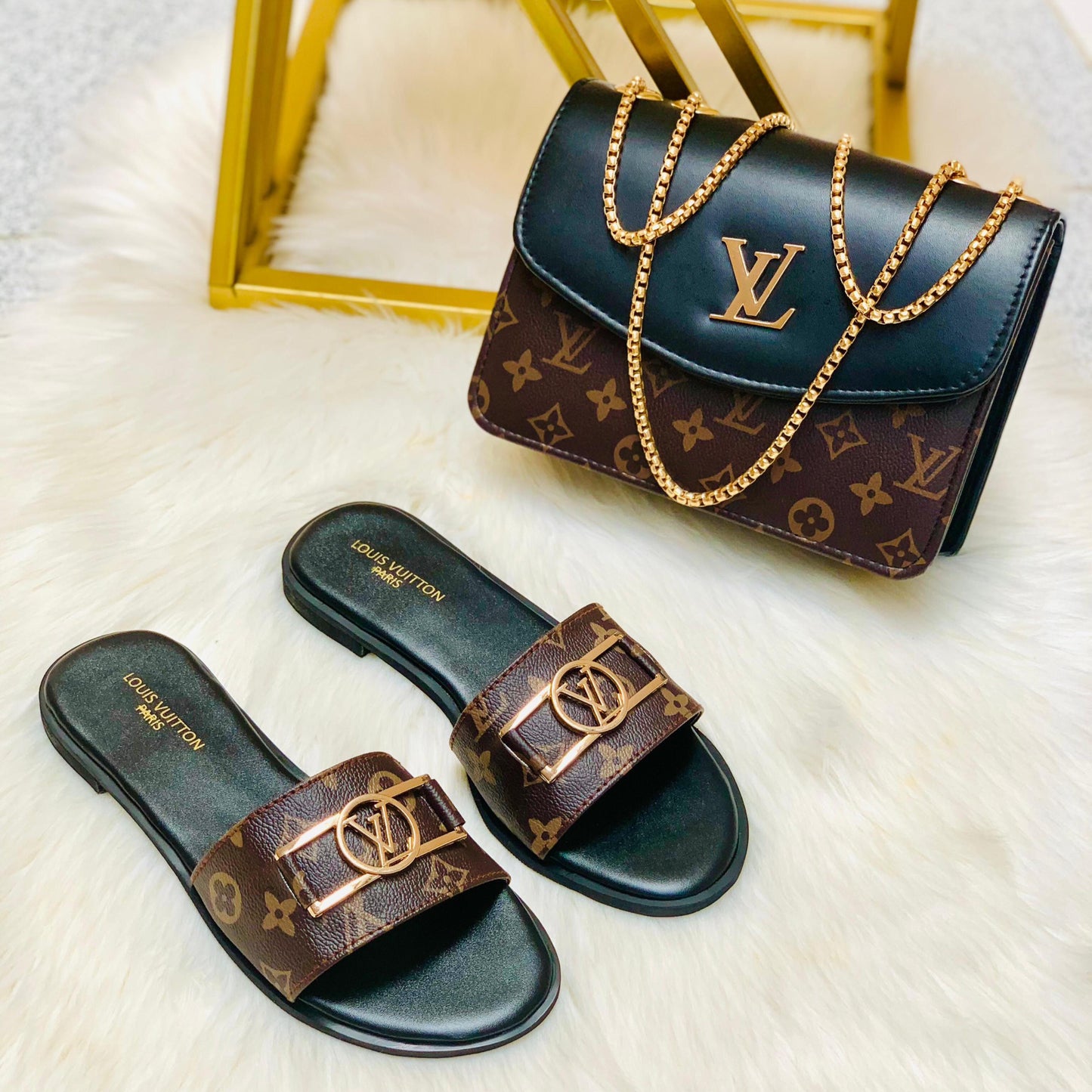 L--V Lock Slippers + Crossbody Bag (2 Colors)