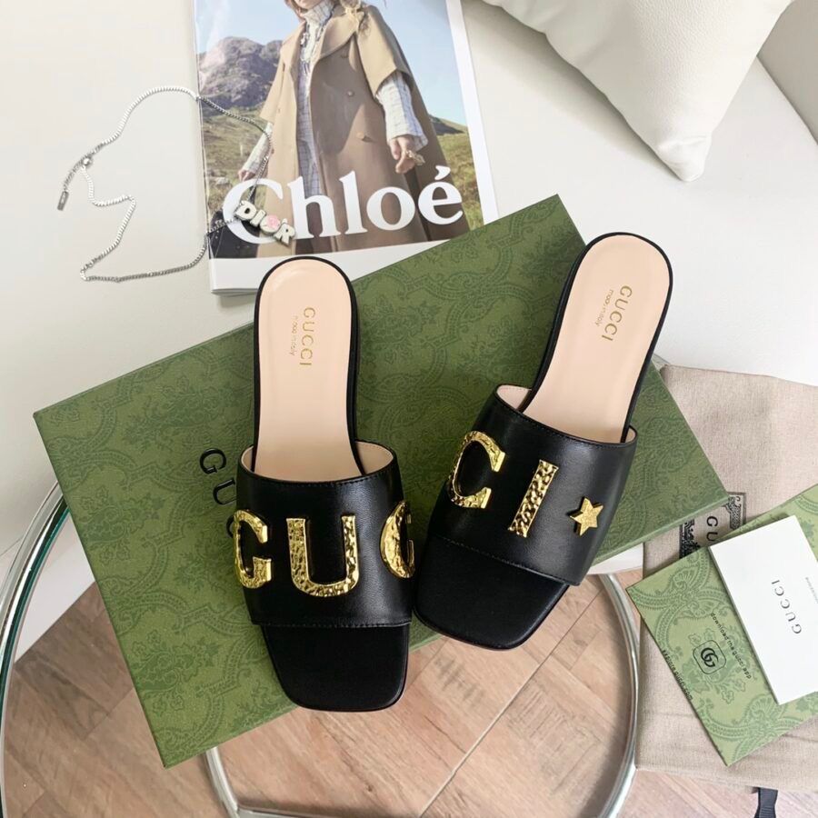 ZEVIRA'S G-U-C-C-I Imported Heeled Sandals with Signature Gold Detailing (Black)