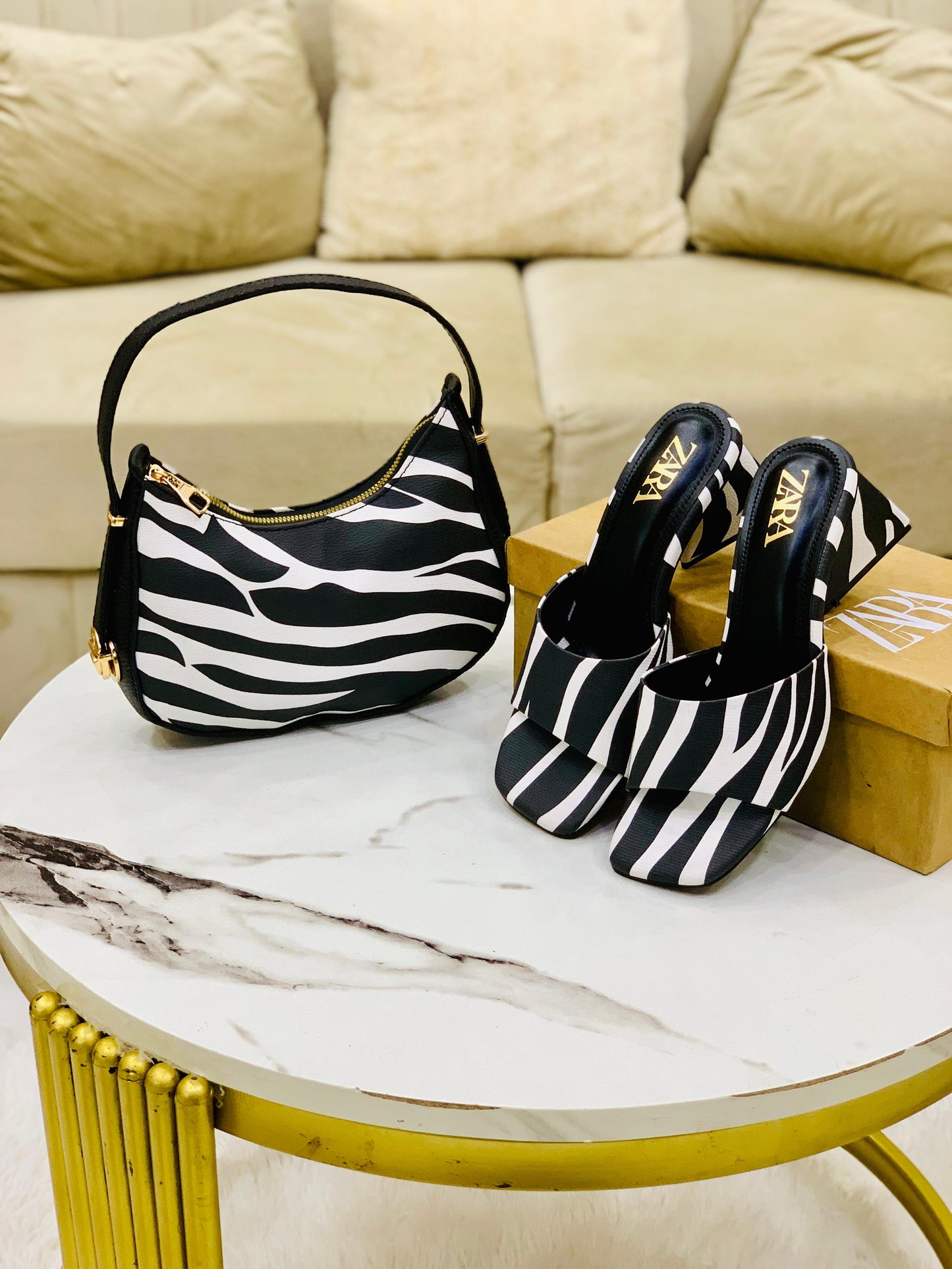 ZEVIRA'S Zebra Print Combo Deal – Heels & Moon Style Bag (36-42)