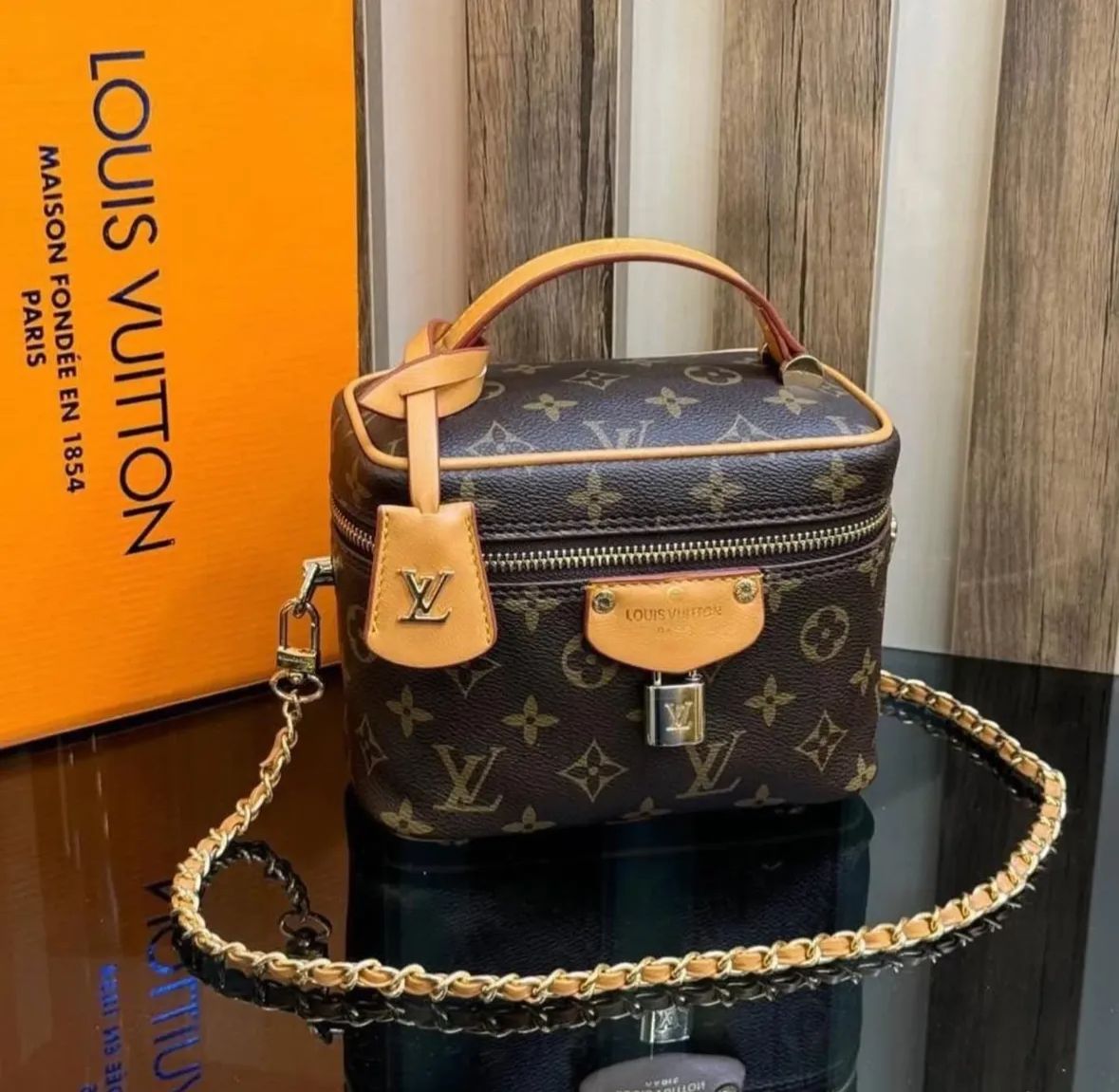 ZEVIRA'S L--V Vanity PM Monogram Reverse Canvas Handbag (Brown 2)