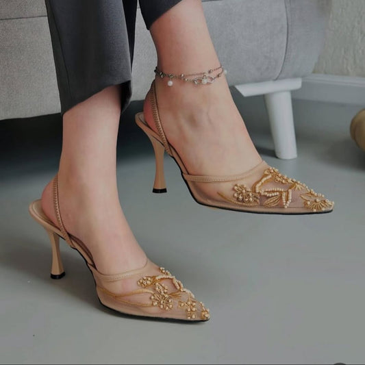 ZEVIRA'S Z-A-R-A Mesh Floral Embroidered Slingback Heels (Beige)